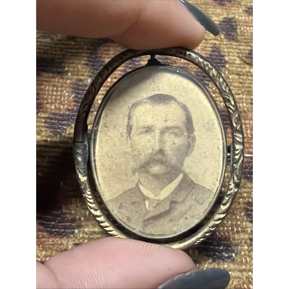 Antique Victorian Goldstone Swivel Portrait Photo Brooch Memorial C Clasp 1800s